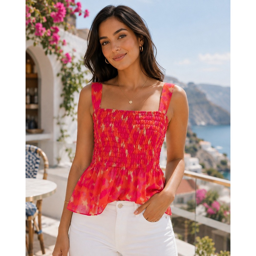 Rose + Olive Pink Orange Ikat Smocked Peplum Top Square Neck Sleeveless Medium